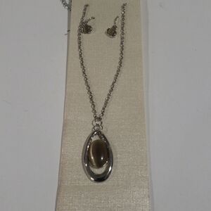 Silver tone Brown Stone Hoop Pendant Necklace & Earrings Set - Women's Jewelry